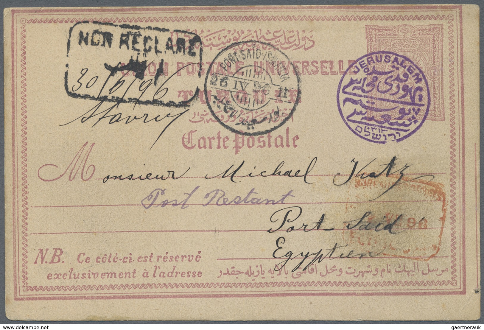 GA Holyland: 1896, Turkey 20 Para Postal Stationery Card Tied By Violet "KUDÜSTE YAHUDI MAHALLESI POSTA - Palestine