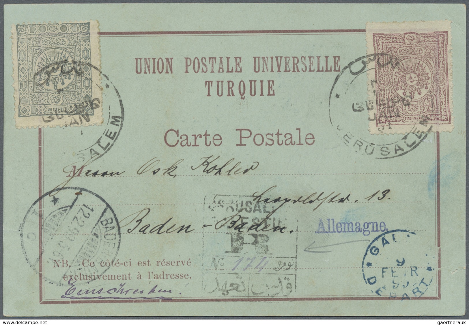 Holyland: 1899, Postcard "Gruss Aus Jerusalem" Bearing Turkey 20 Para Violet And 1 Pia. Greyish Blue - Palestine