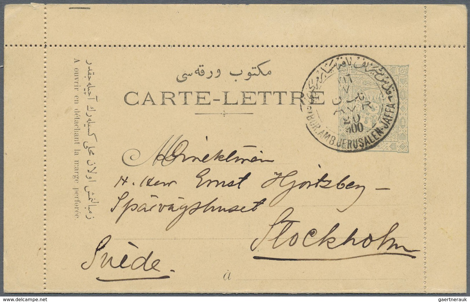 GA Holyland: 1900, "BUR.AMB.JERUSALEM-JAFFA AVR.20", Billingual Railway Cancel Clear On Turkey Postal S - Palestina