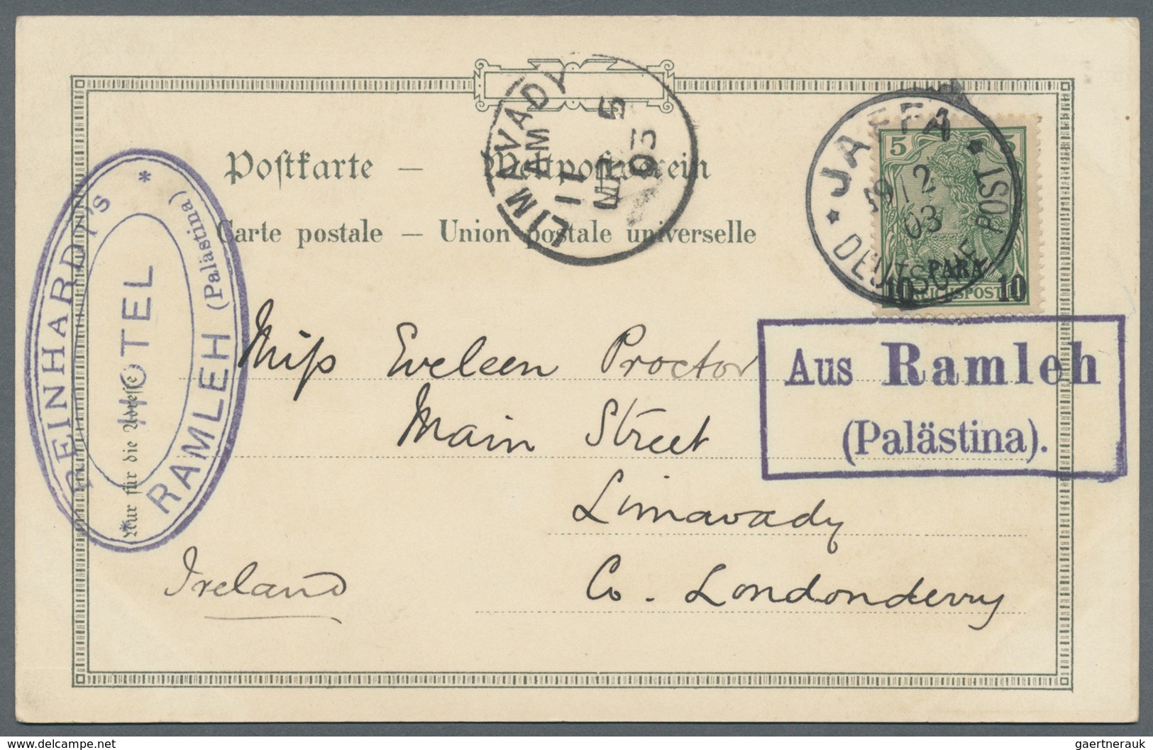 Holyland: 1903. Picture Postcard Written From 'Reinhardt's Hotel, Ramleh' Addressed To Ireland Beari - Palestina