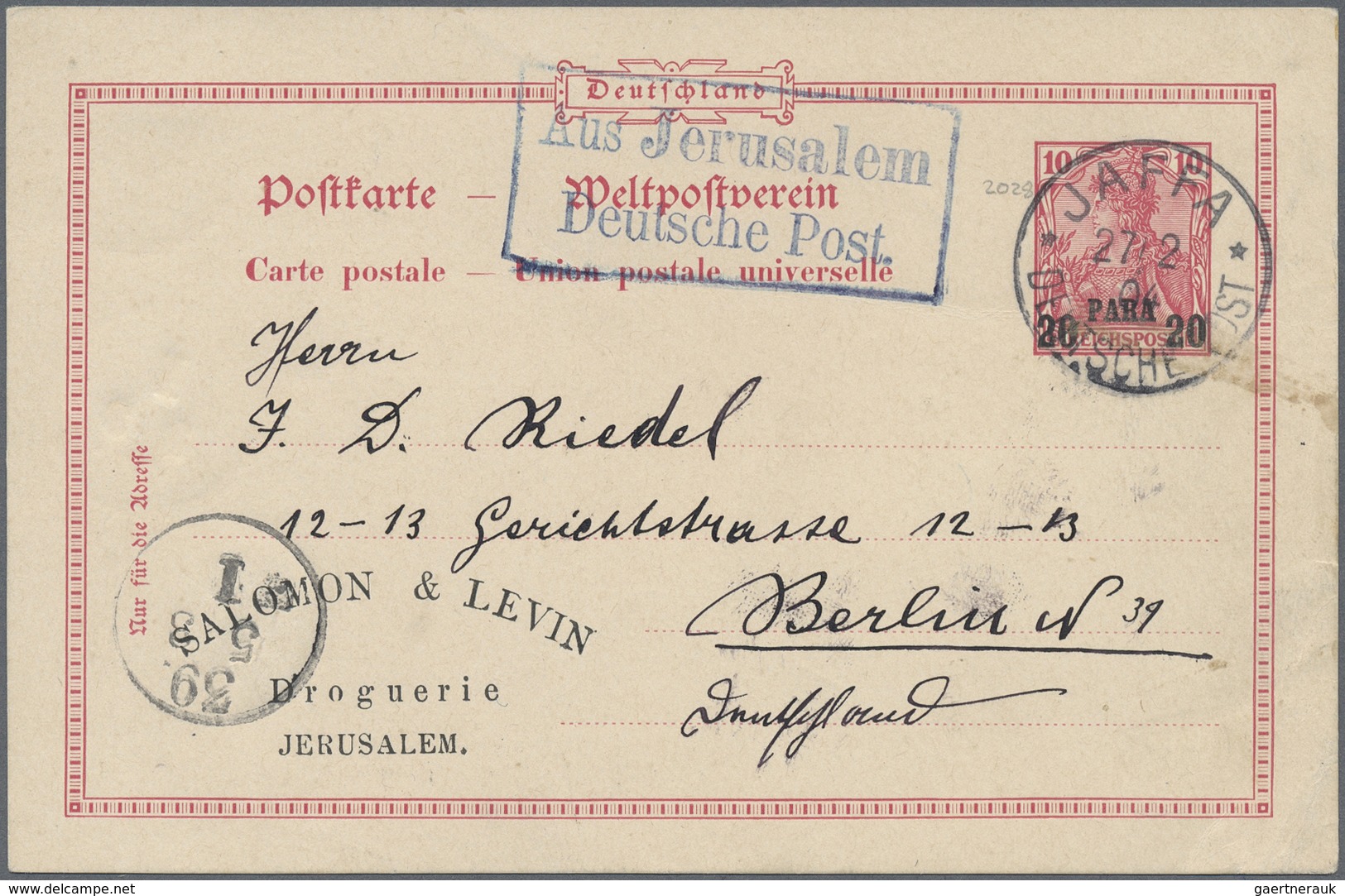 GA Holyland: 1904, German Post Postal Stationery Card 20 Para On 10 Pf. Red With Pharmacy Imprint Tied - Palestine