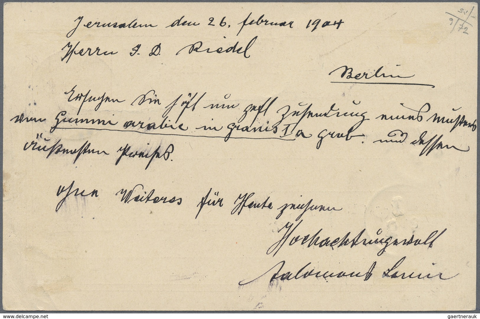 GA Holyland: 1904, German Post Postal Stationery Card 20 Para On 10 Pf. Red With Pharmacy Imprint Tied - Palestina