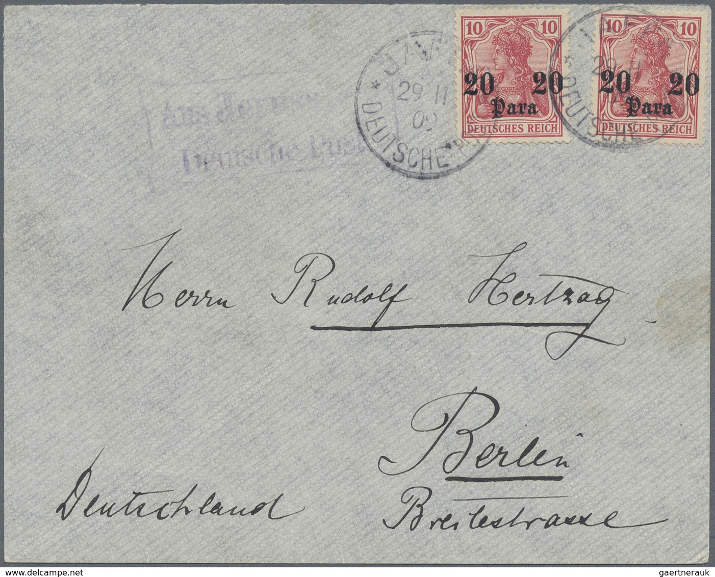 Br Holyland: 1909, German Post Two Single 20 Para On 10 Pf. Red Tied By "JAFFA 29/11/09 DEUTSCHE POST" - Palestine