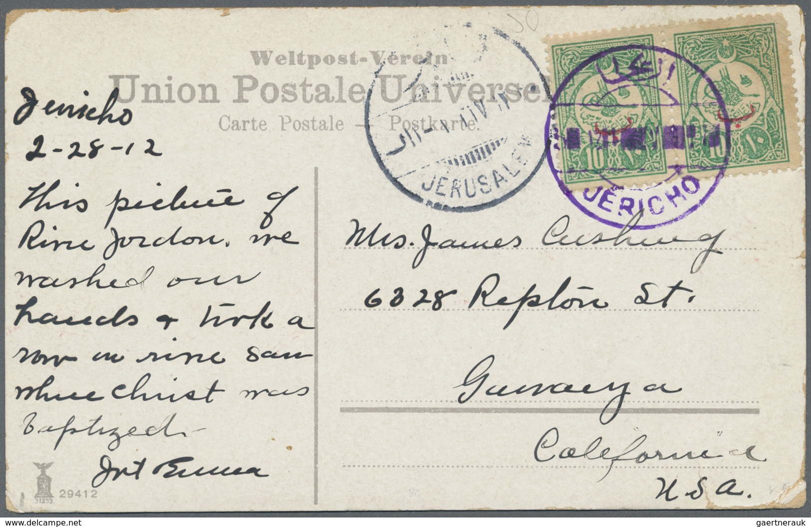 Holyland: 1912, Turkish P.O. Card From "JERICHO" With Violet Cds. To USA, Very Clear Cancellation, T - Palestina