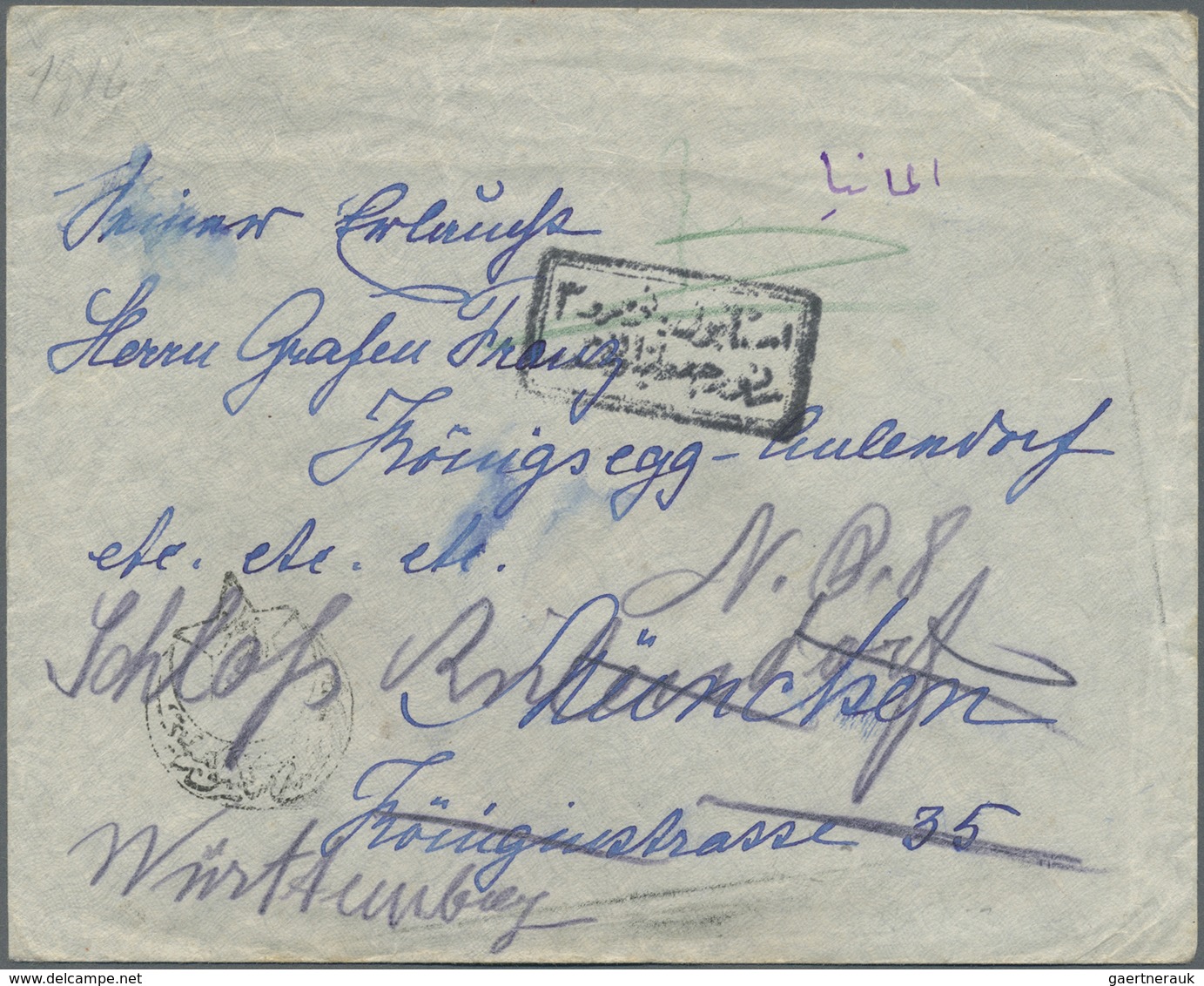 Br Holyland: 1915 “GAZA” Bilingual C.d.s. (Coles No.127) On Envelope To Germany With Several Censor Mar - Palestine