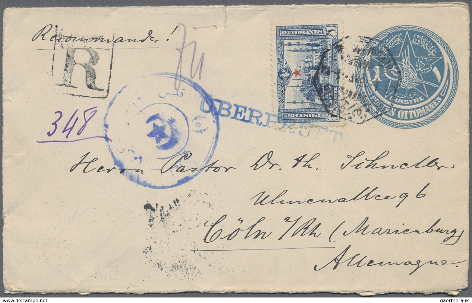 GA Holyland: 1915, Turkey Office, Postal Stationery Envelope (small Tear) 1 Pia. With Additional Franki - Palestine