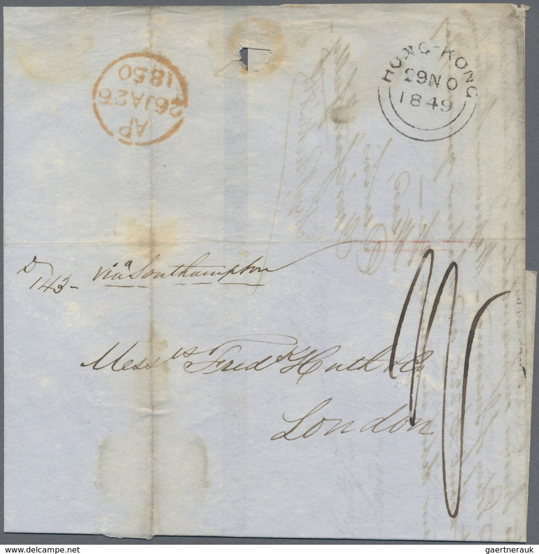 Br Hongkong: 1850. Stampless Envelope Written From Canton 26th November Addressed To London With Hong K - Other & Unclassified