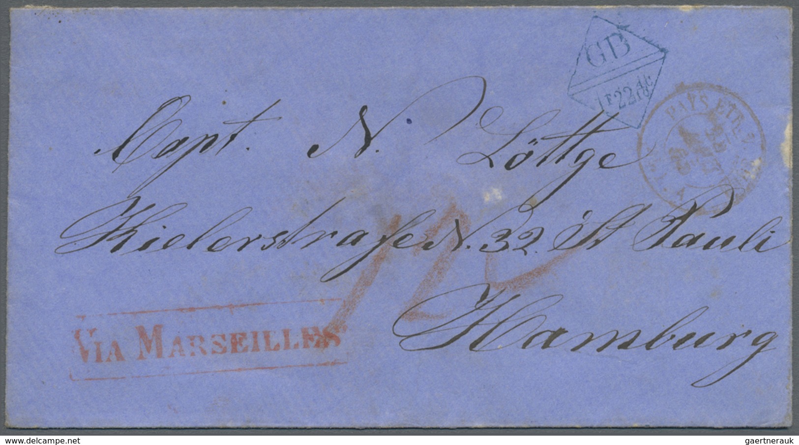 Br Hongkong: 1865, Blue Anglofrench Accounting Mark "B 1F 22 4/10 C." W. Blue "HONG KONG C JY 12 65" On - Other & Unclassified