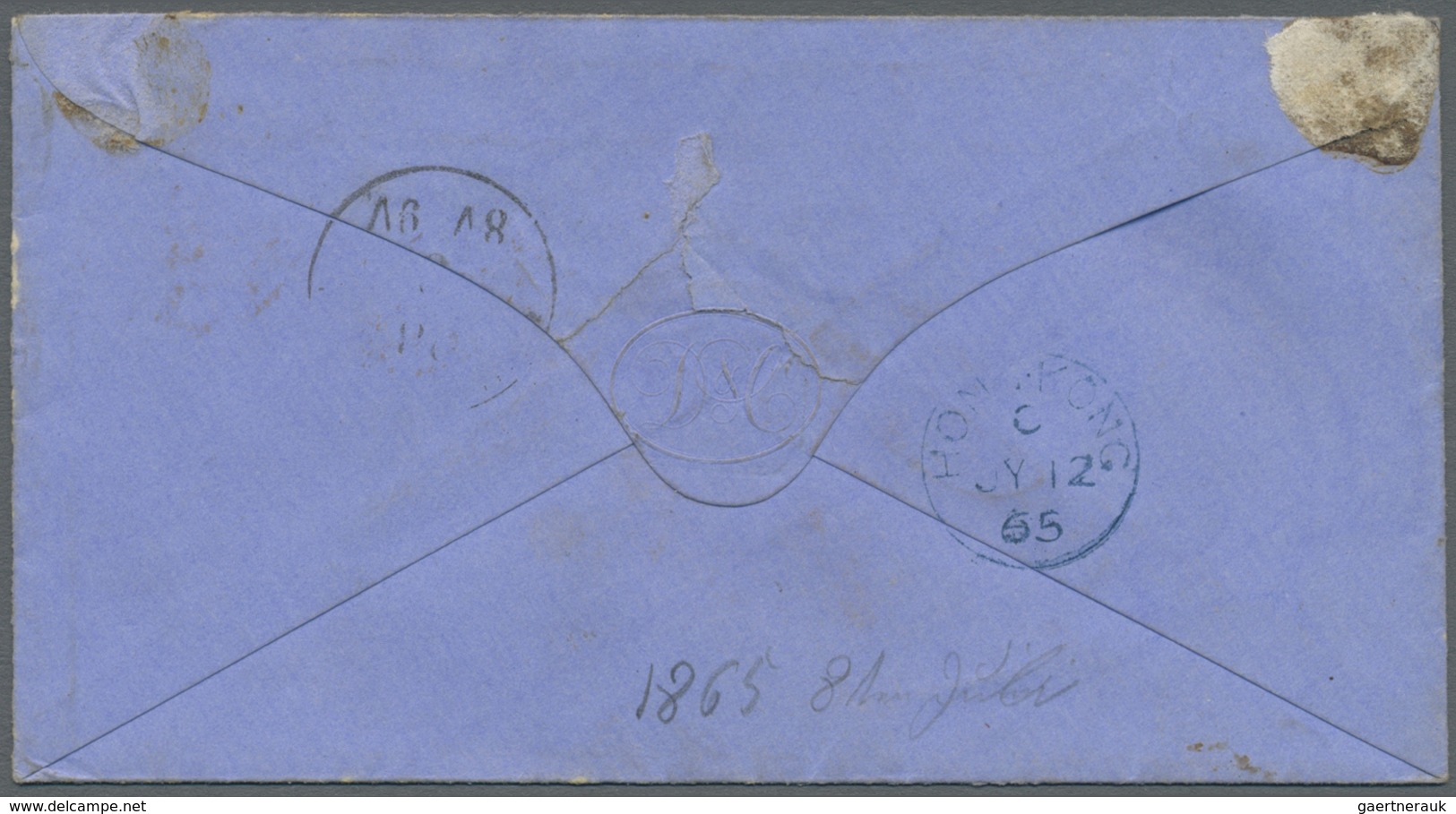 Br Hongkong: 1865, Blue Anglofrench Accounting Mark "B 1F 22 4/10 C." W. Blue "HONG KONG C JY 12 65" On - Other & Unclassified