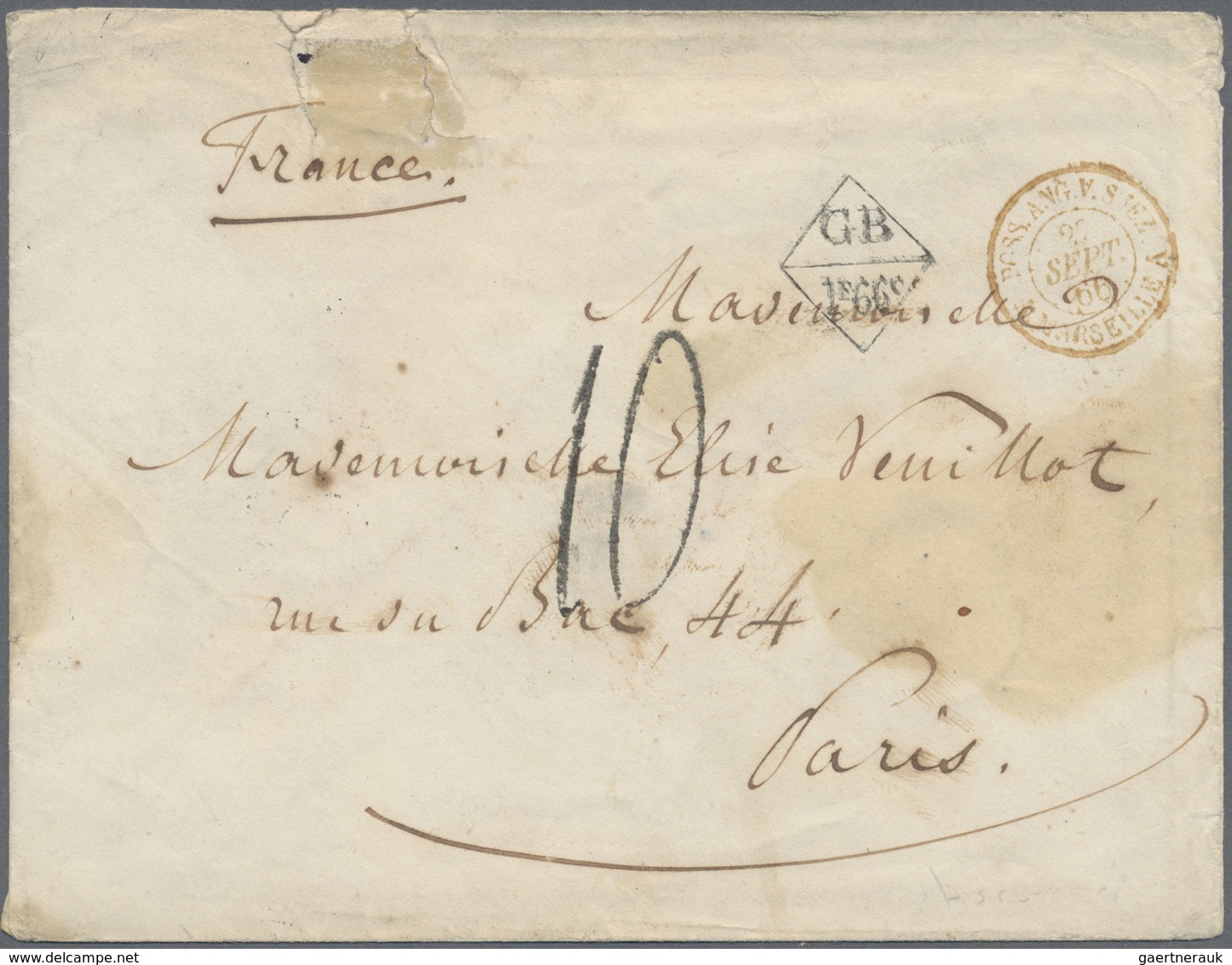 Br Hongkong: 1866. Stamp-less Envelope (roughly Opened And Spotted) Addressed To France With Hong Kong - Andere & Zonder Classificatie