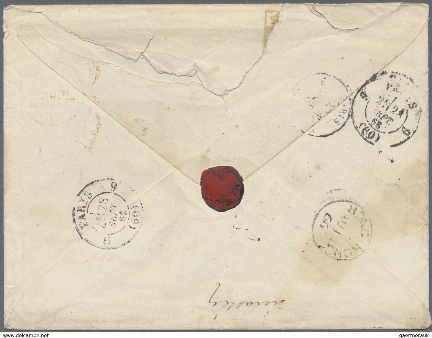 Br Hongkong: 1866. Stamp-less Envelope (roughly Opened And Spotted) Addressed To France With Hong Kong - Sonstige & Ohne Zuordnung