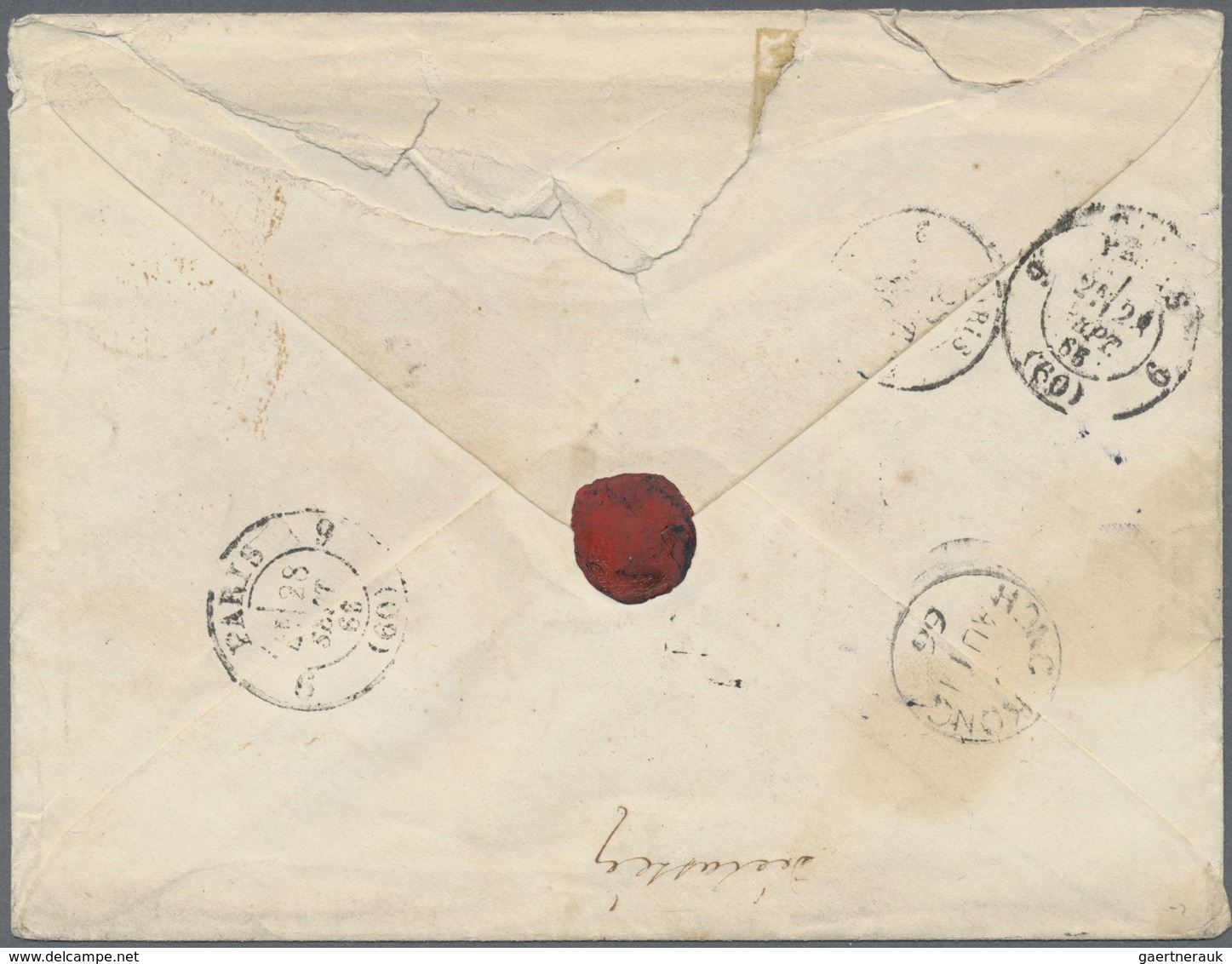 Br Hongkong: 1866. Stamp-less Envelope (roughly Opened And Spotted) Addressed To France With Hong Kong - Andere & Zonder Classificatie