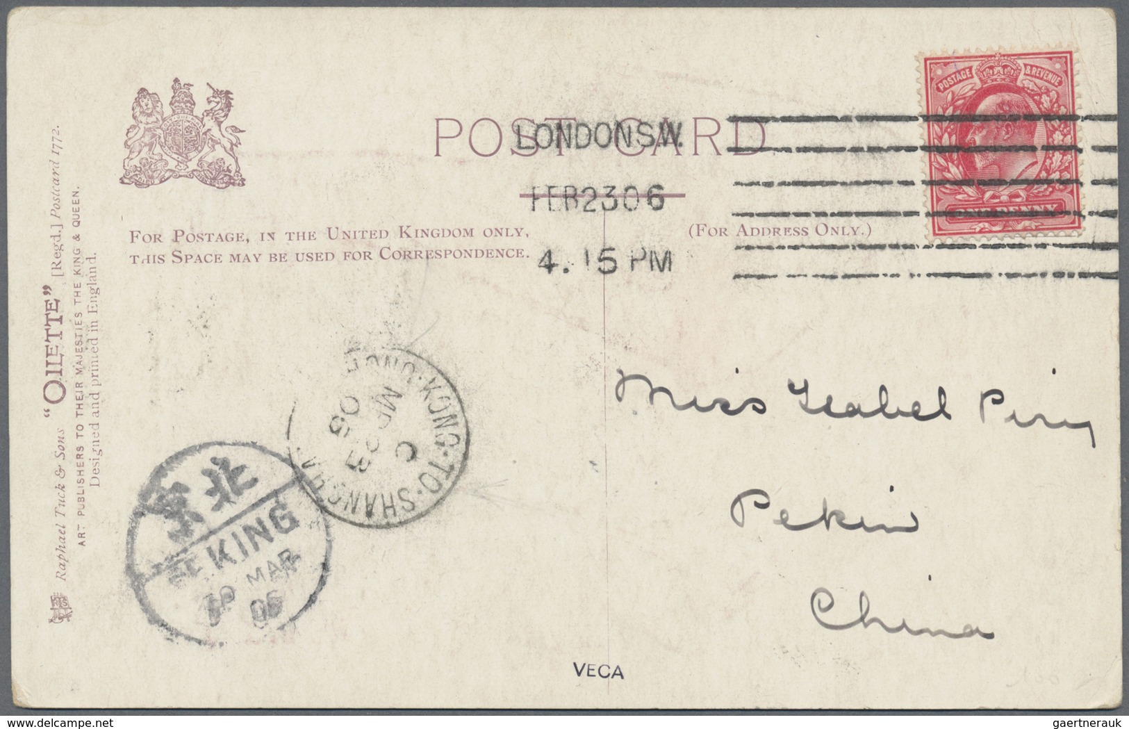 Br Hongkong: 1906. Picture Post Card Written From London Addressed To China Bearing GB SG 219, 1d Red T - Andere & Zonder Classificatie
