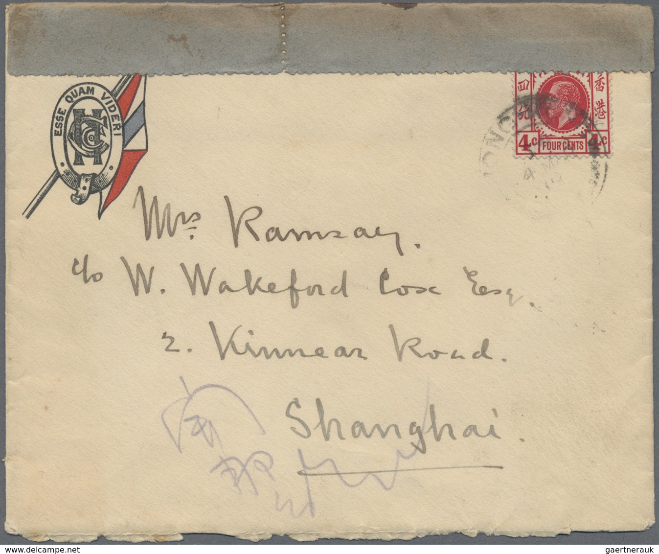 Br Hongkong: 1915. Censored Envelope (roughly Opened) Addressed To Shanghai Bearing Hong Kong SG 102, 4 - Andere & Zonder Classificatie