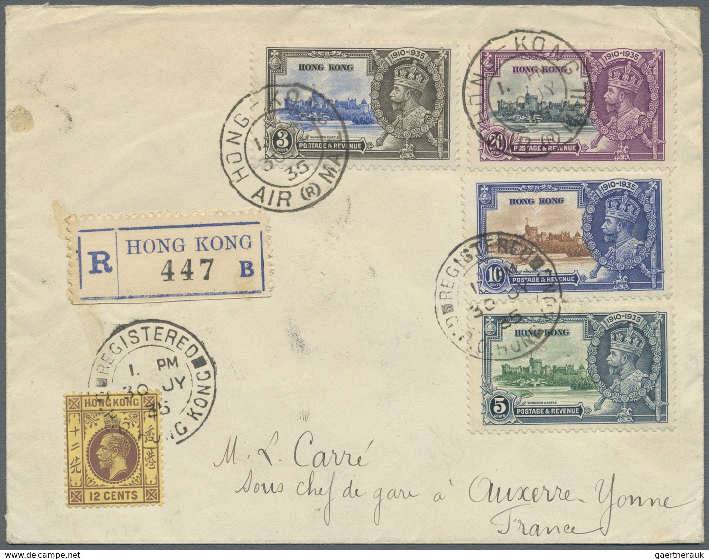 Br Hongkong: 1935, KGV Jubilee Set With KGV 12 C. Tied "REGISTERED HONG HONG" Resp. "HONG-KONG Air (R) - Andere & Zonder Classificatie