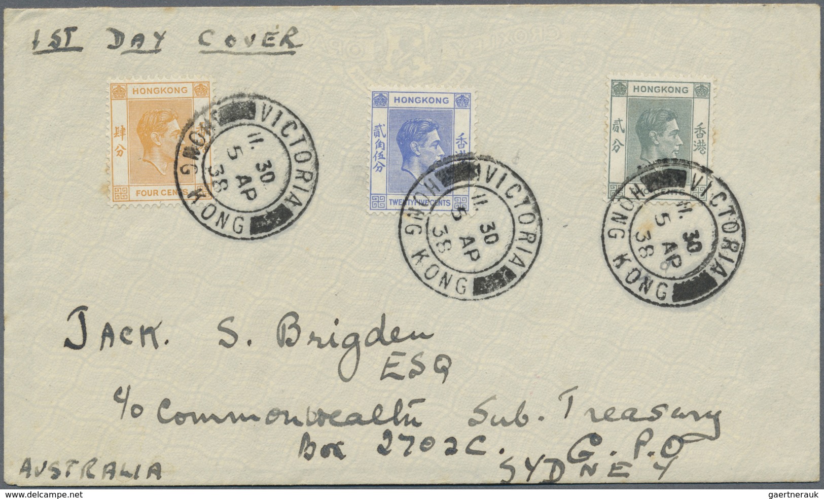 Hongkong: 1938, KGVI 2, 4 And 25 C. Light-blue On Envelope "1ST DAY COVER" From "VICTORIA 5 AP 38" T - Andere & Zonder Classificatie