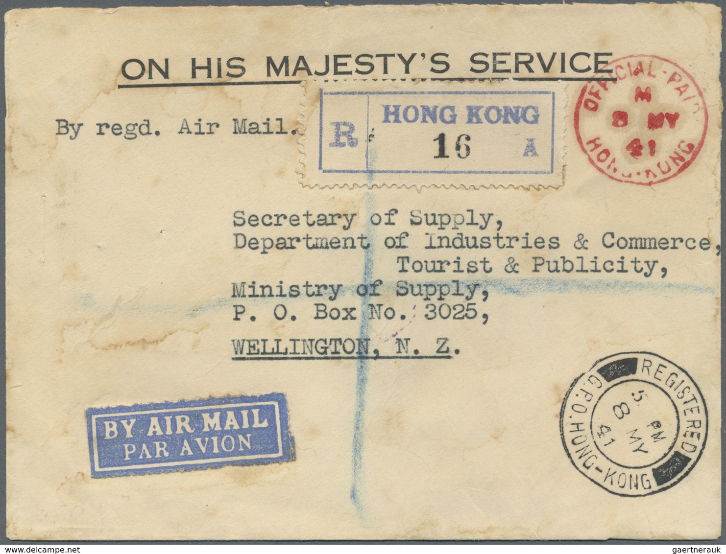 Br Hongkong: 1941. Registered Air Mail Envelope (traces Of Water) Headed 'On His Majesty's Service' Add - Autres & Non Classés