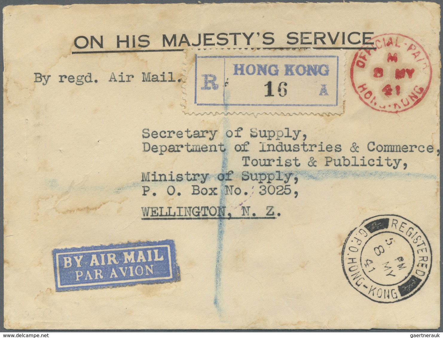 Br Hongkong: 1941. Registered Air Mail Envelope (traces Of Water) Headed 'On His Majesty's Service' Add - Andere & Zonder Classificatie