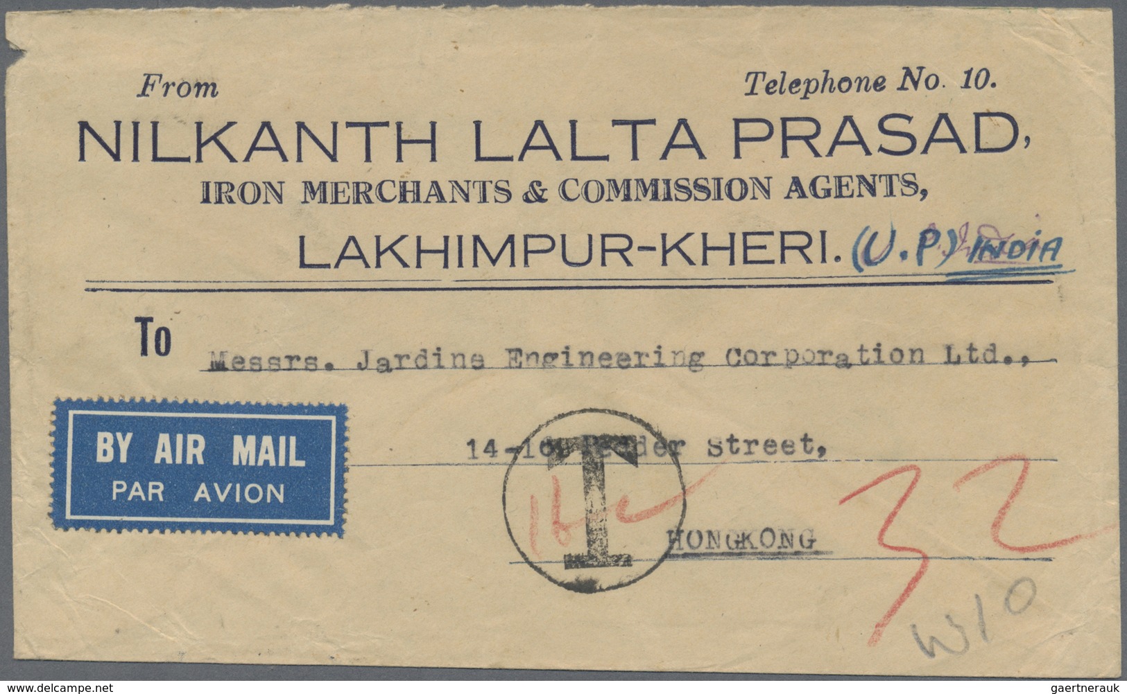 Br Hongkong: 1954. Air Mail Envelope Written From India Addressed To Hong Kong Bearing Lndia SG 313, 2a - Andere & Zonder Classificatie