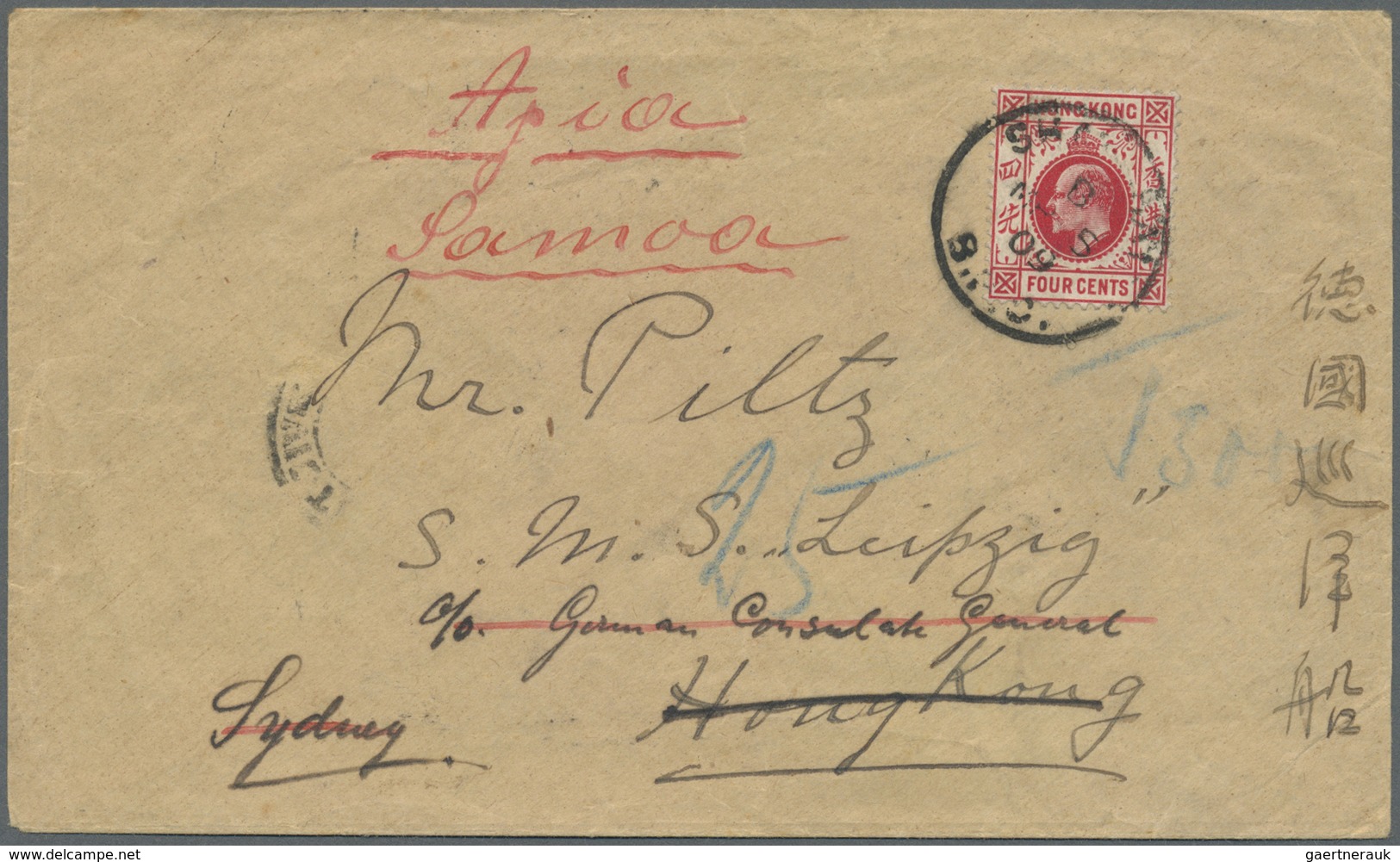 Br Hongkong - Britische Post In China: 1909, Shanghai To Samoa: KEVII 4 C. Scarlet Tied "SHANGHAI B.P.O - Brieven En Documenten