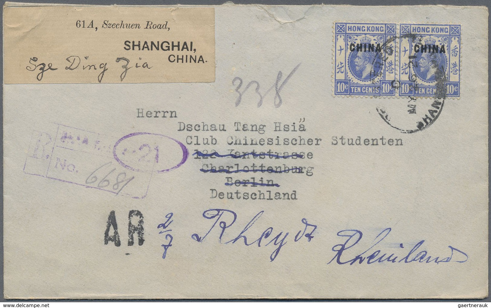 Br Hongkong - Britische Post In China: 1917, 10 C. Horizontal Pair Tied Oval „REGISTERED  D MAY 26 21 S - Covers & Documents