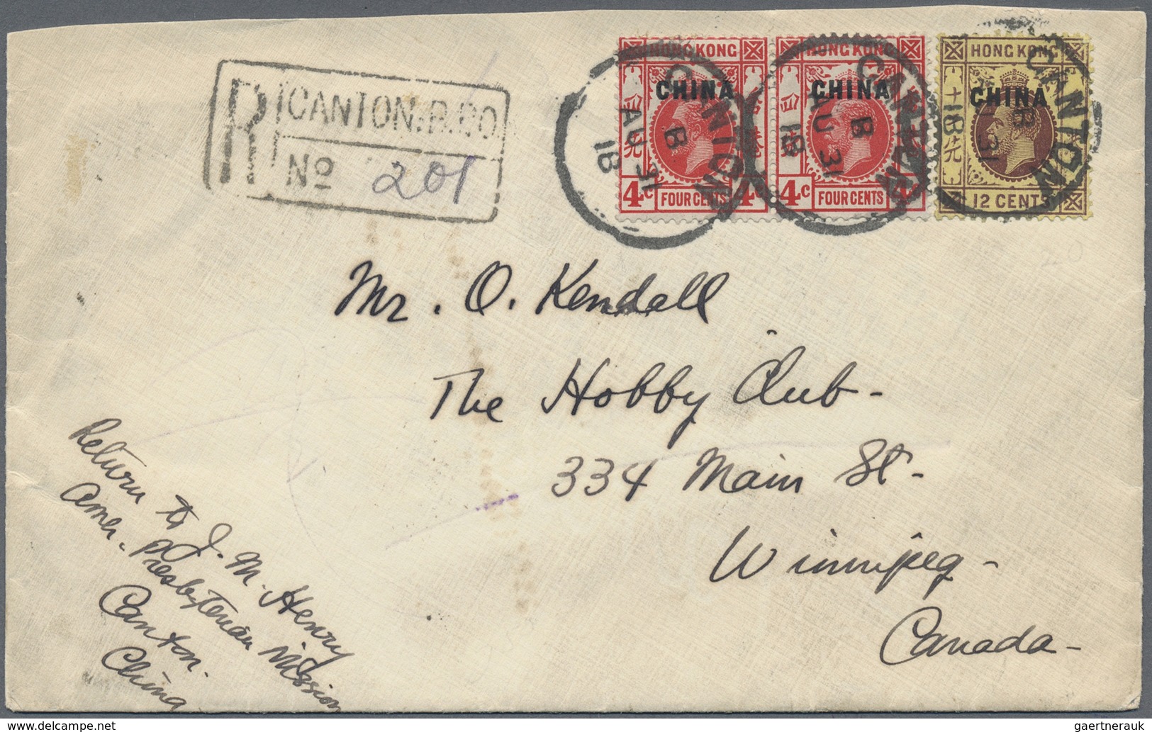 Br Hongkong - Britische Post In China: 1918. Registered Envelope (shortened) Addressed To Canada Bearin - Covers & Documents