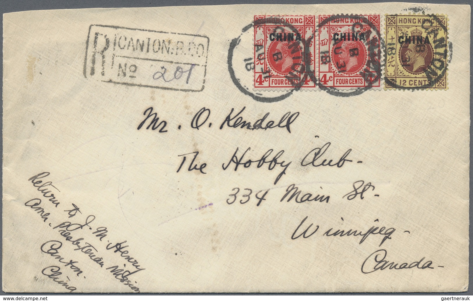 Br Hongkong - Britische Post In China: 1918. Registered Envelope (shortened) Addressed To Canada Bearin - Brieven En Documenten