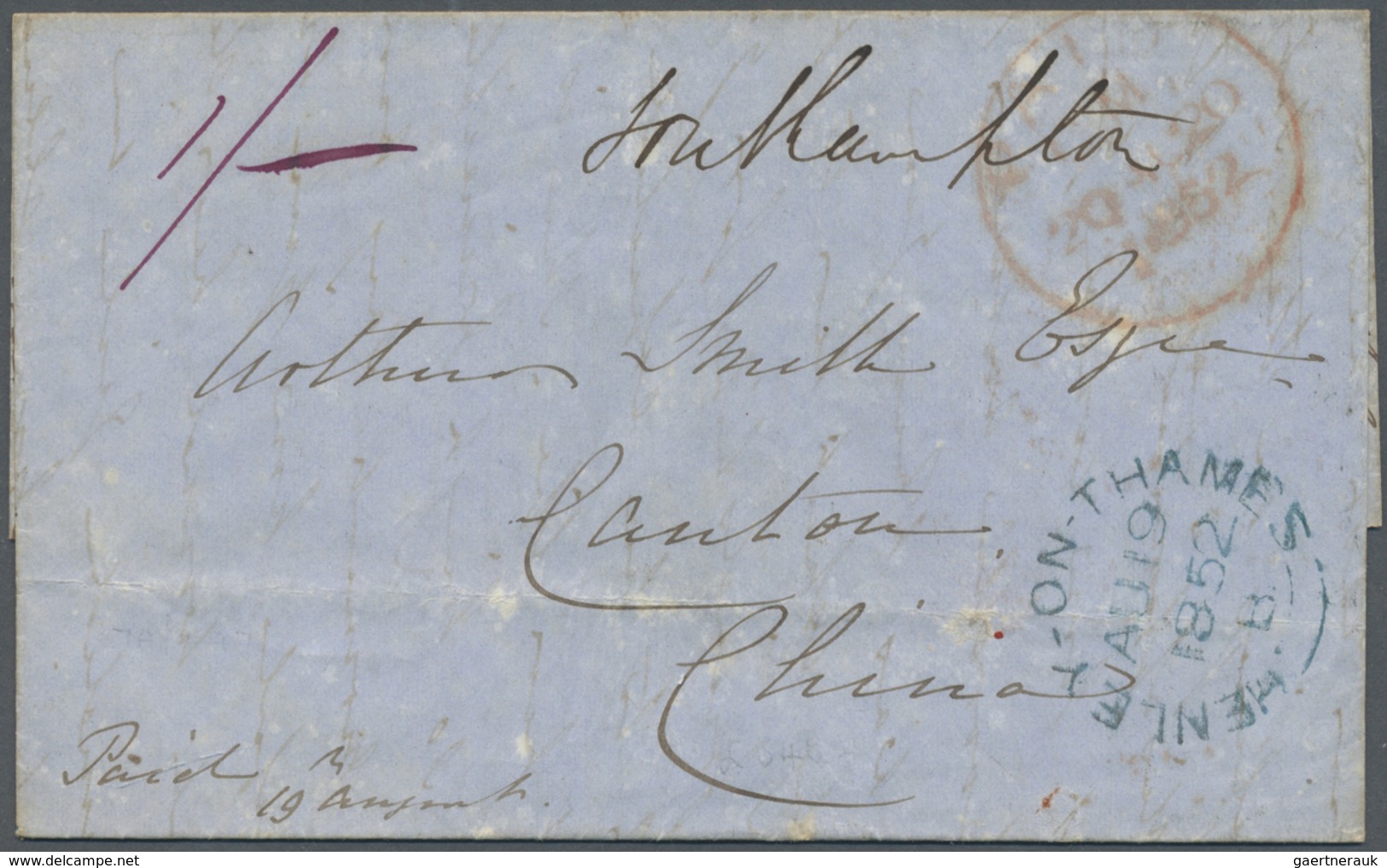 Br Hongkong - Treaty Ports: 1852. Stampless Envelope Written From 'Woodcote, Henley' Dated 'Au 19 1852' - Andere & Zonder Classificatie