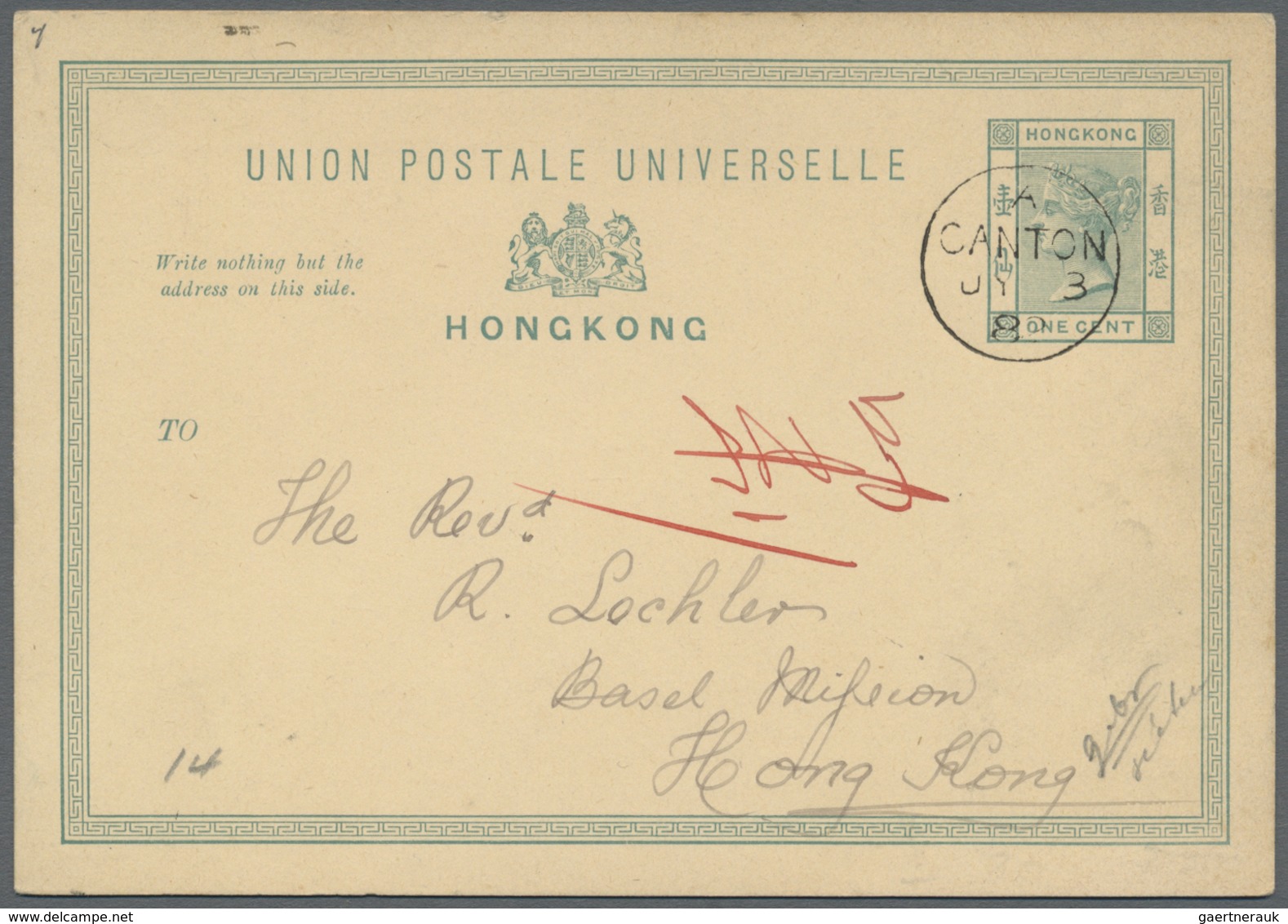 GA Hongkong - Treaty Ports: Canton: Card QV 1 C. Canc. "A CANTON JY 3 82" To Basel Mission HK W. Next D - Andere & Zonder Classificatie