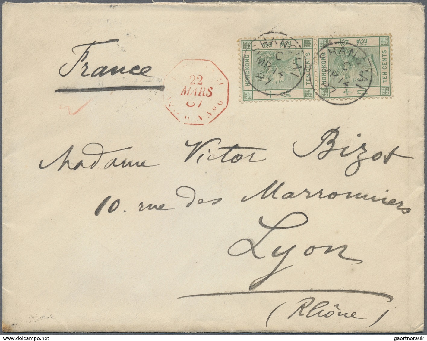 Br Hongkong - Treaty Ports: 1887. Envelope Addressed To France Bearing Hong Kong SG 37, 10c Deep Green - Other & Unclassified