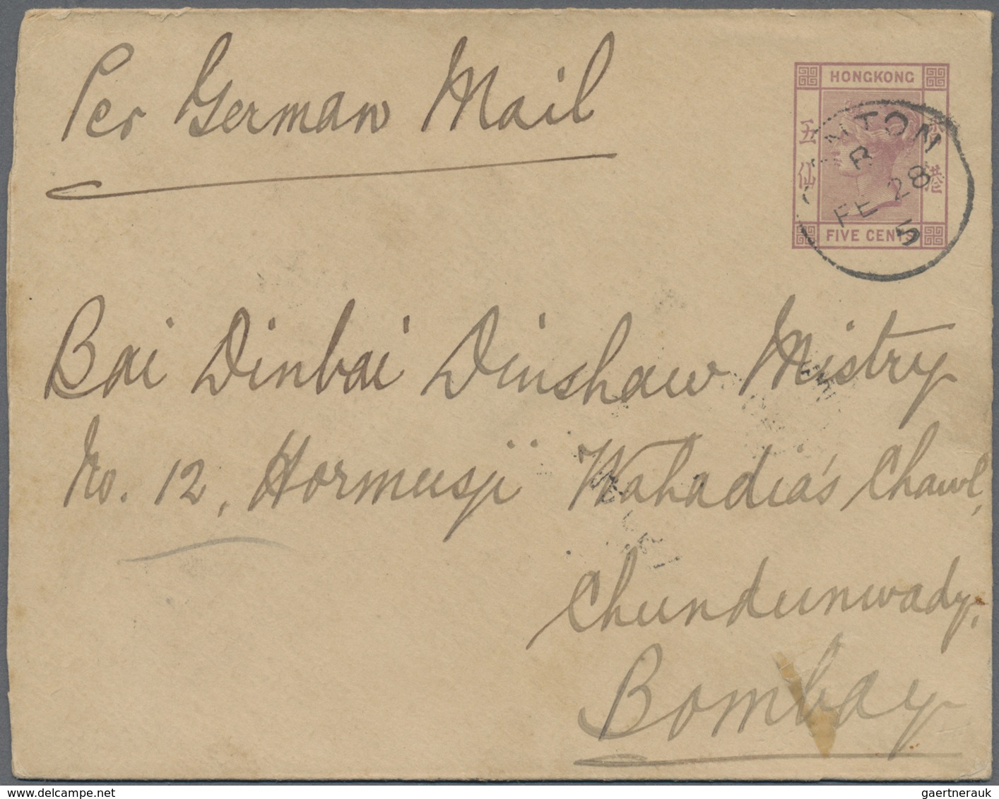 GA Hongkong - Treaty Ports: 1905. Postal Stationery Envelope 5 Cents Purple Cancelled By Canton/B Date - Andere & Zonder Classificatie