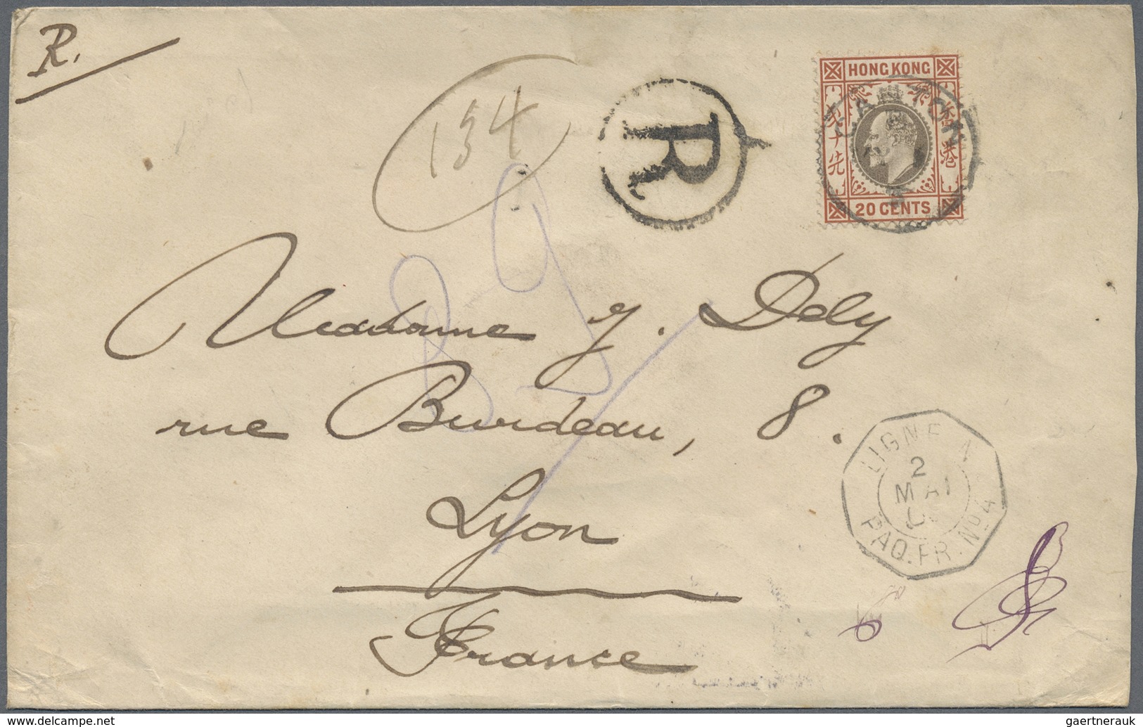 Br Hongkong - Treaty Ports: 1905. Registered Envelope Addressed To France Bearing SG 83, 20c Slate And - Autres & Non Classés