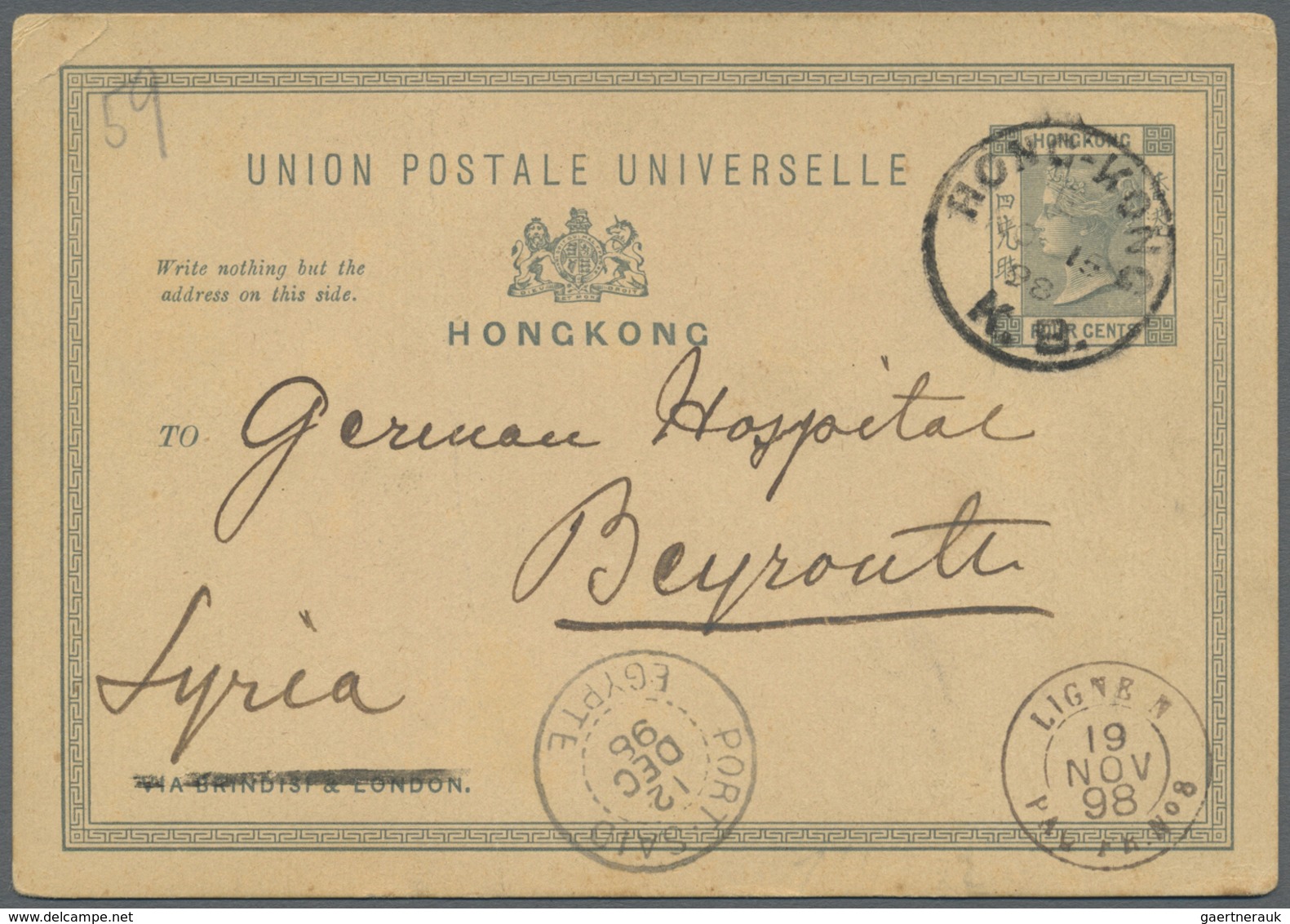 GA Hongkong - Ganzsachen: 1898, Card QV 4 C. Grey Canc. "HONG KONG K. B. NO. 15 98" Via French Mail Boa - Postal Stationery