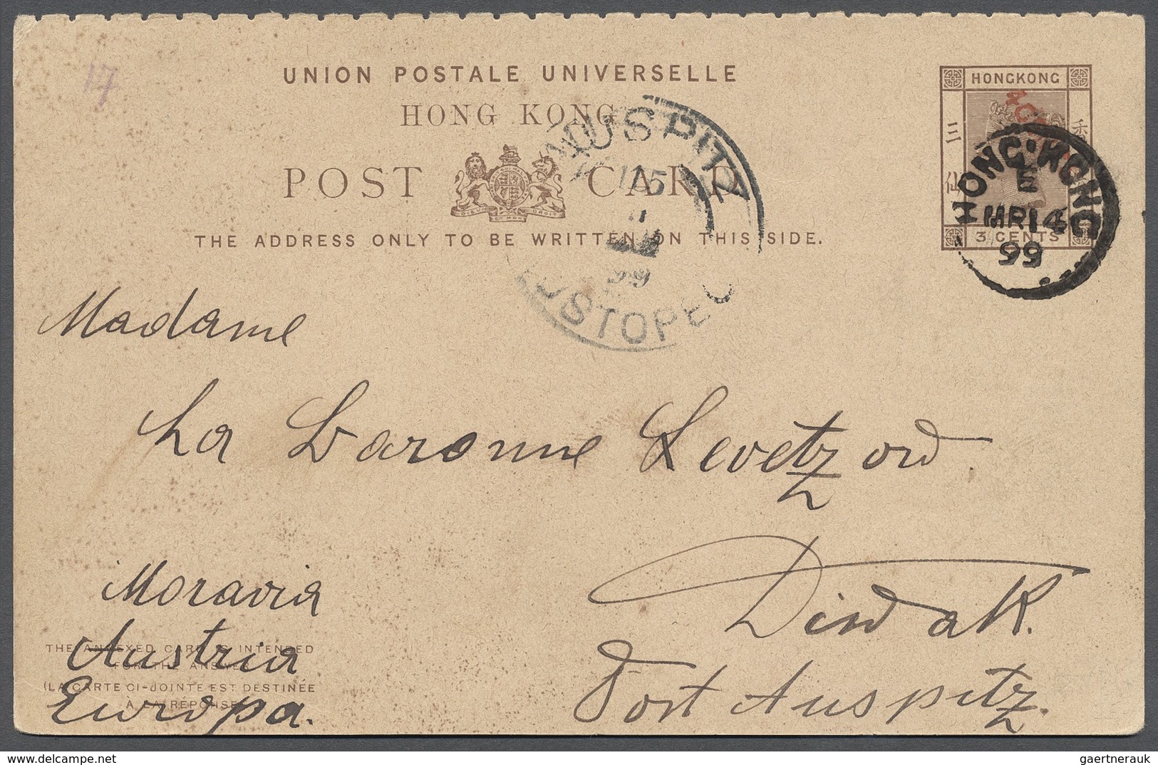 GA Hongkong - Ganzsachen: 1899, Double-card Question Part 4 C. Red On 3 C. Brown (overprint Twisted Fro - Postal Stationery