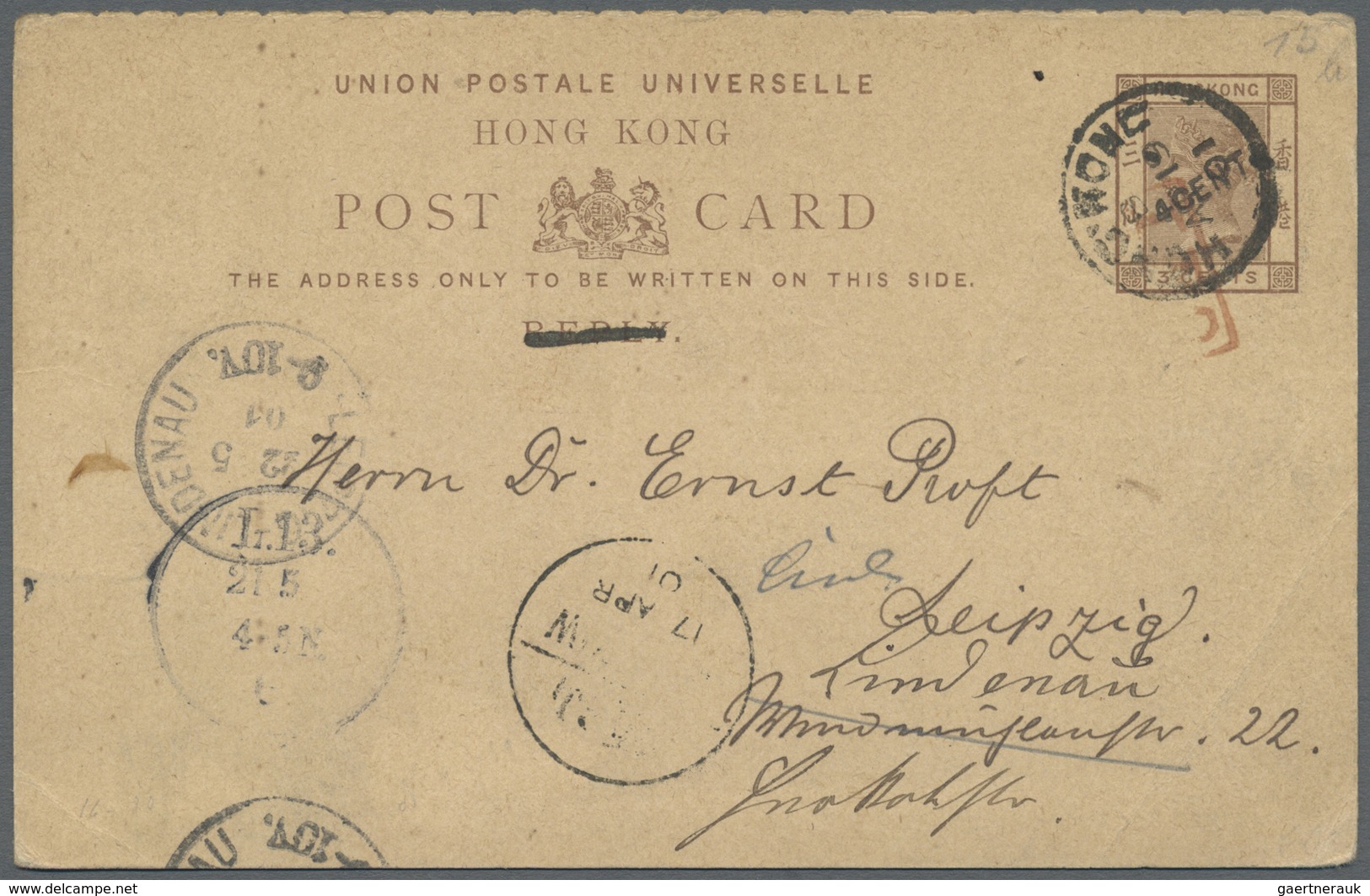 GA Hongkong - Ganzsachen: 1901, QV 4 C./3 C. Reply Part ("reply" Deleted) Tied Boxed Red "I.P.O." With - Postal Stationery