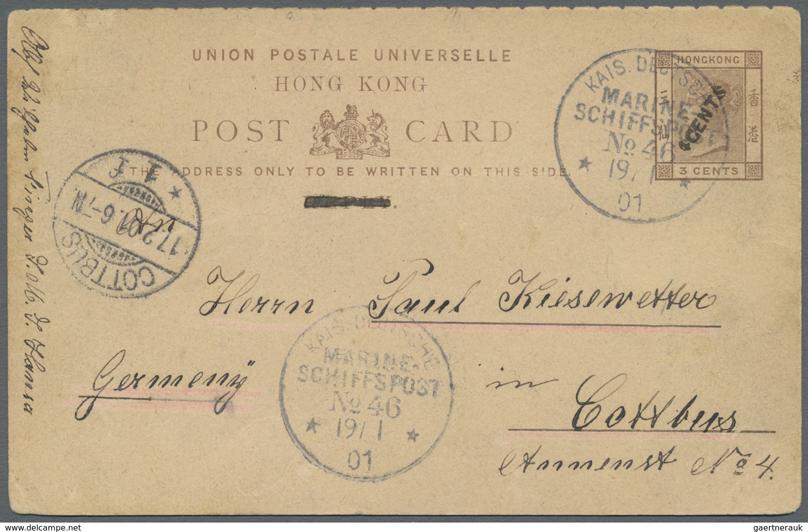 GA Hongkong - Ganzsachen: 1901, Card QV 4 C./3 C. ("reply" Deleted) Canc. "Imp. German Navy Mails No. 4 - Postal Stationery