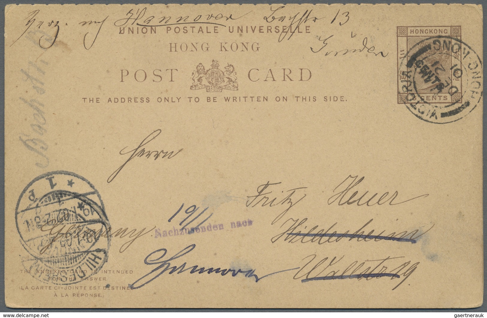 GA Hongkong - Ganzsachen: 1901, UPU Reply Card QV 4 C./3 C+4 C./3 C., Surcharge Running NW-SE, Canc. "V - Postal Stationery