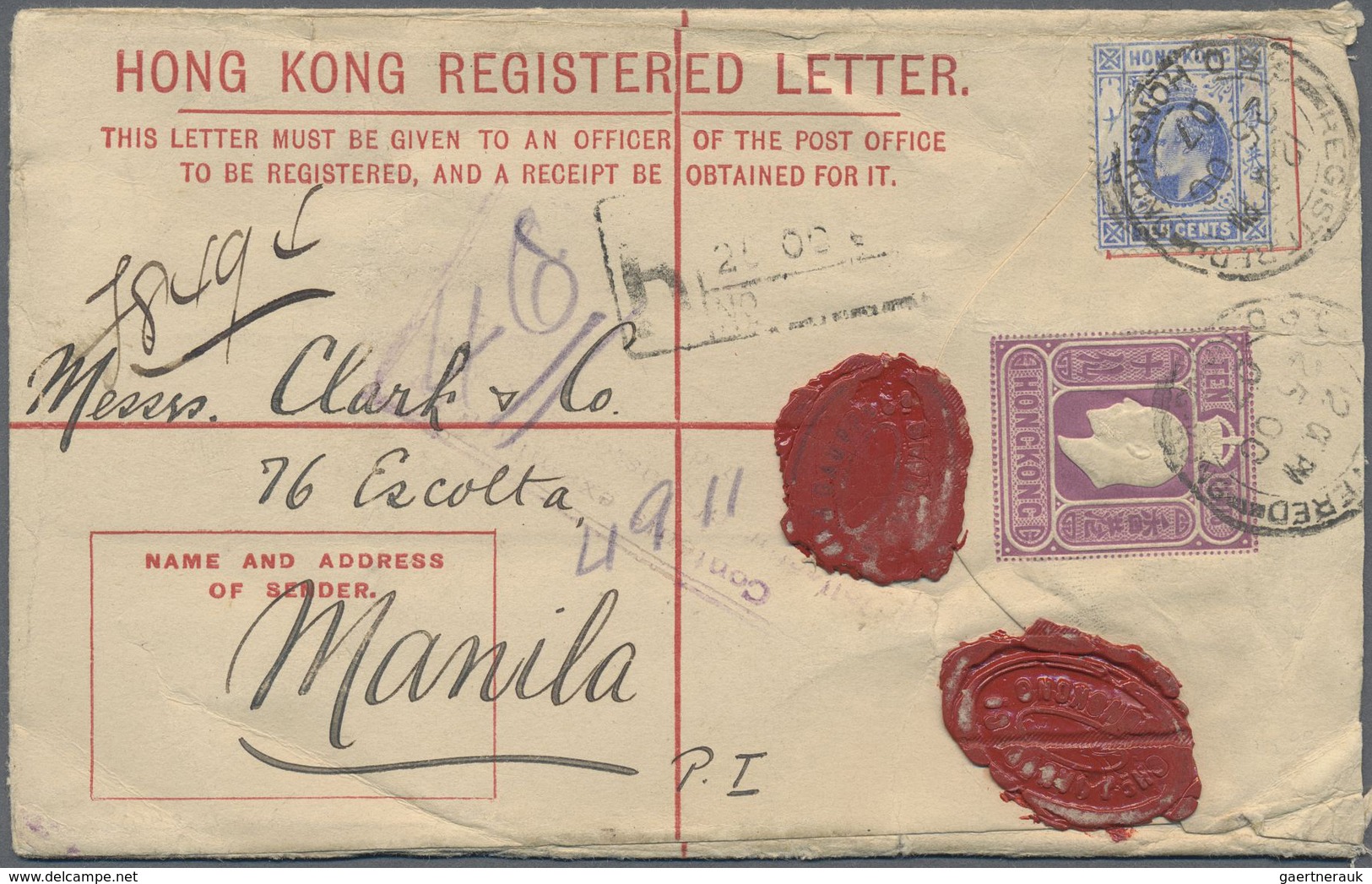 GA Hongkong - Ganzsachen: 1903, Registration Envelope KEVII 10 C. Uprated KEVII 10 C. Canc. „REGISTERED - Postal Stationery