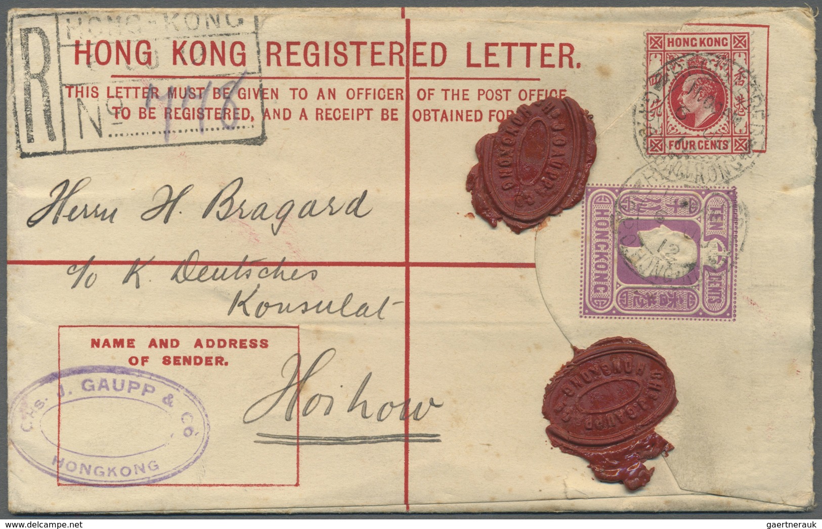 GA Hongkong - Ganzsachen: 1912, Registration Envelope KEVII 10 C. Uprated KEVII 4 C. Canc. "REGISTERED - Postal Stationery