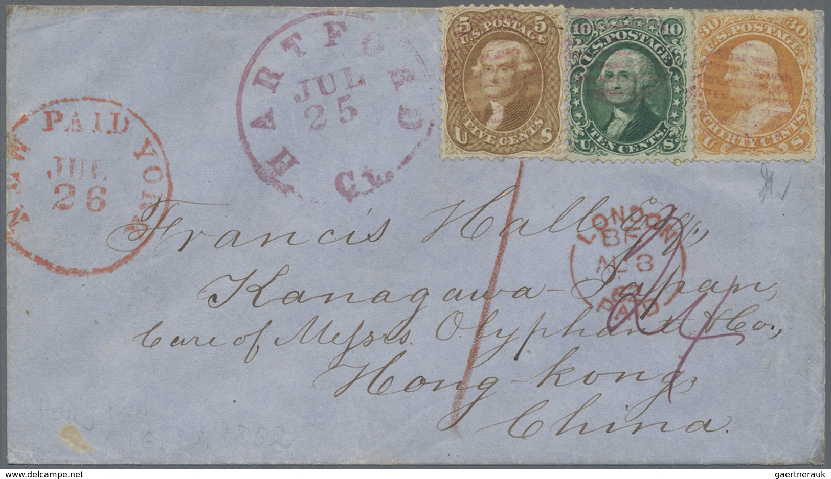 Br Hongkong - Besonderheiten: 1861, USA To Kanagawa/Japan Via HK And Forwarding Agent: 5 C. Straw, 10 C - Andere & Zonder Classificatie