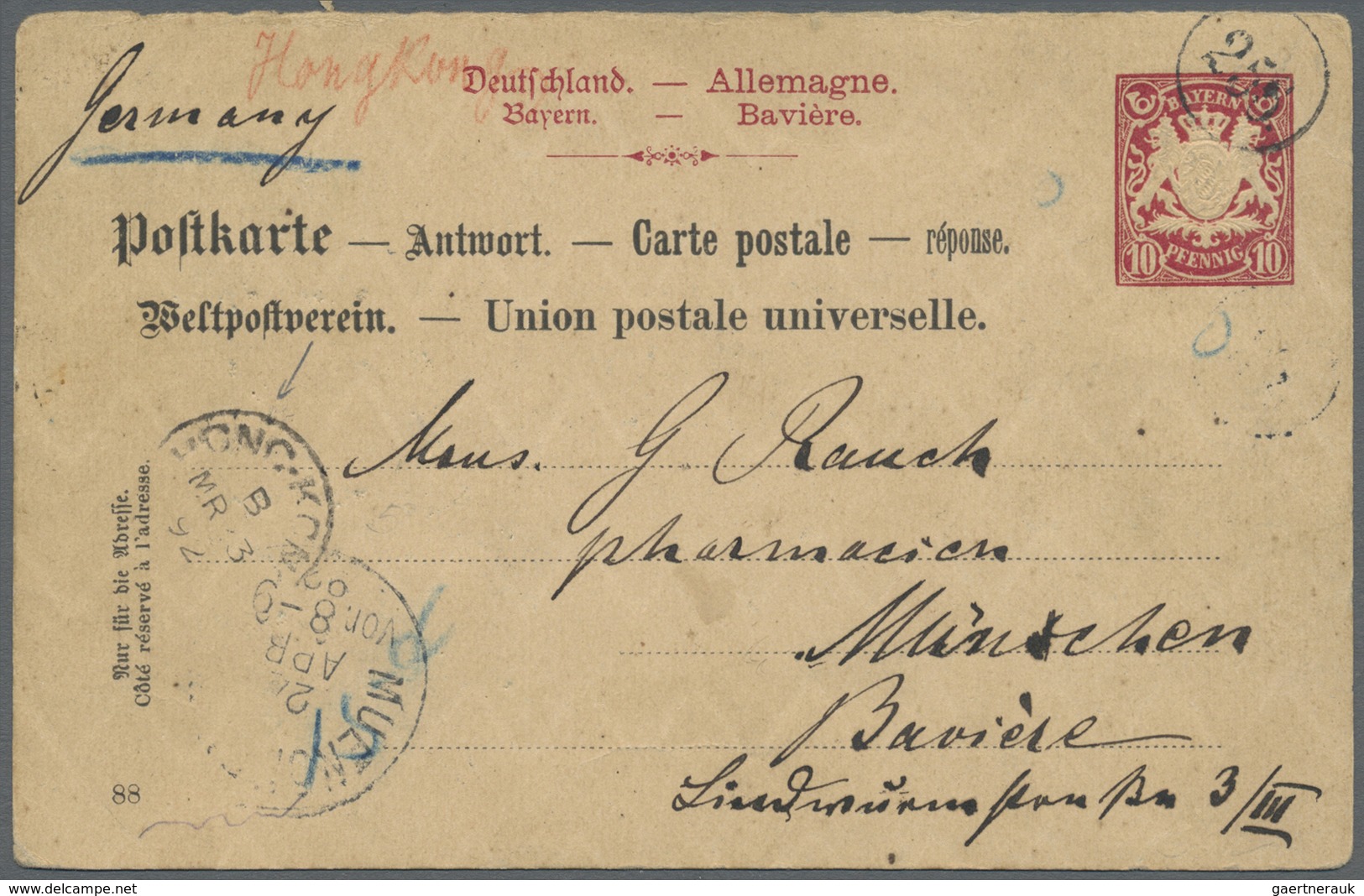 GA Hongkong - Besonderheiten: 1892, UPU Reply Part Of Bavaria Not Accepted, Marked With Blue Crayon Cir - Altri & Non Classificati