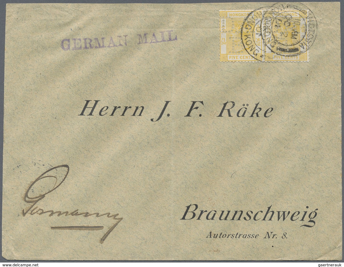 Br Hongkong - Besonderheiten: 1900, QV 5 C. Lemon Horizontal Pair Each W. Perfin „D.A./B.“ Tied „VICTOR - Andere & Zonder Classificatie