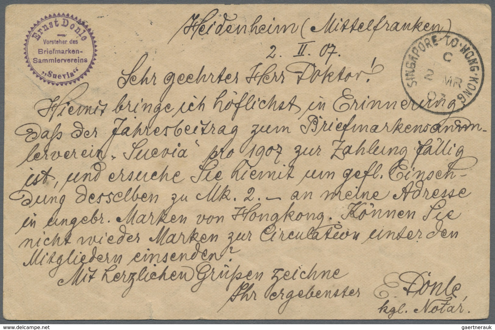 GA Hongkong - Besonderheiten: 1907, Incoming Mail, "SINGAPORE TO HONG KONG C 2 MR 07" Marine Sorter On - Sonstige & Ohne Zuordnung