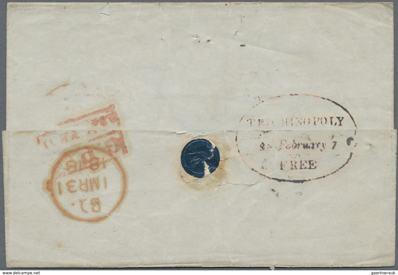 Br Indien - Vorphilatelie: 1848: Oval Datestamp "TRICHINOPOLY/1848 FEBRUARY 7/FREE" In Red (Giles No.13 - ...-1852 Prephilately