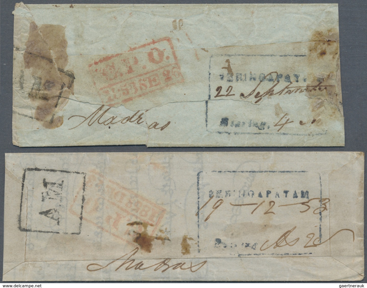 Br Indien - Vorphilatelie: 1853: Two Small Native Covers From Seringapatam To Madras, Both With Rect. F - ...-1852 Prephilately