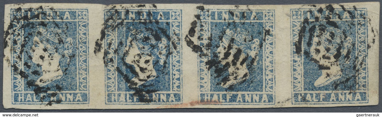 O Indien: 1854 Lithographed ½a. Blue Horizontal Strip Of Four, Used And Each Cancelled By Black Diamon - Andere & Zonder Classificatie