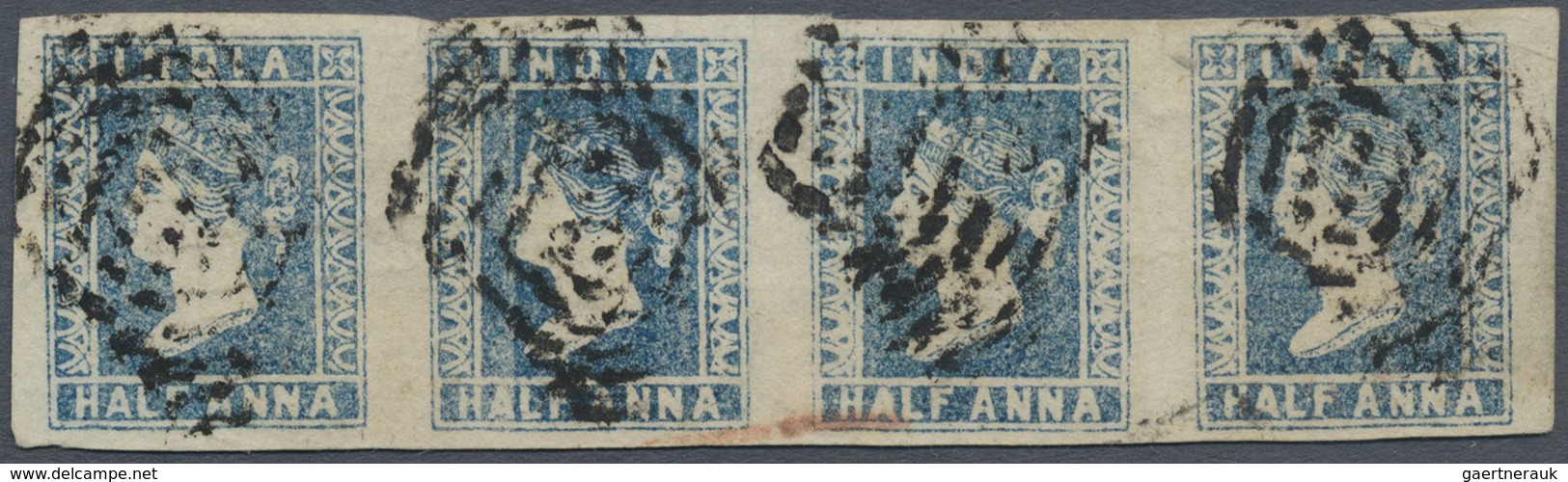 O Indien: 1854 Lithographed ½a. Blue Horizontal Strip Of Four, Used And Each Cancelled By Black Diamon - Other & Unclassified