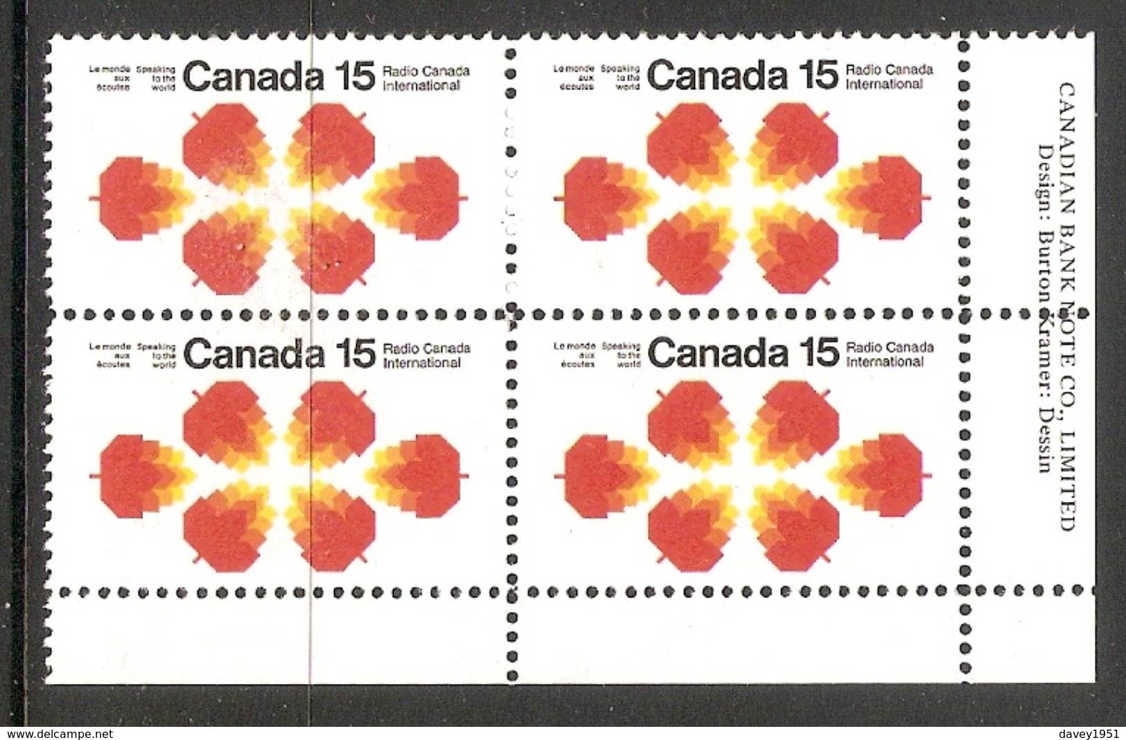 006311 Canada 1971 Radio 15c Plate Block LR MNH - Plate Number & Inscriptions