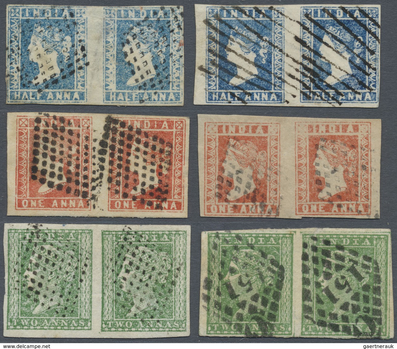 /O Indien: 1854 Six Different Pairs Used, With Even Two Pairs Of Different Colour Shade Of ½a. Blue, 1a - Other & Unclassified