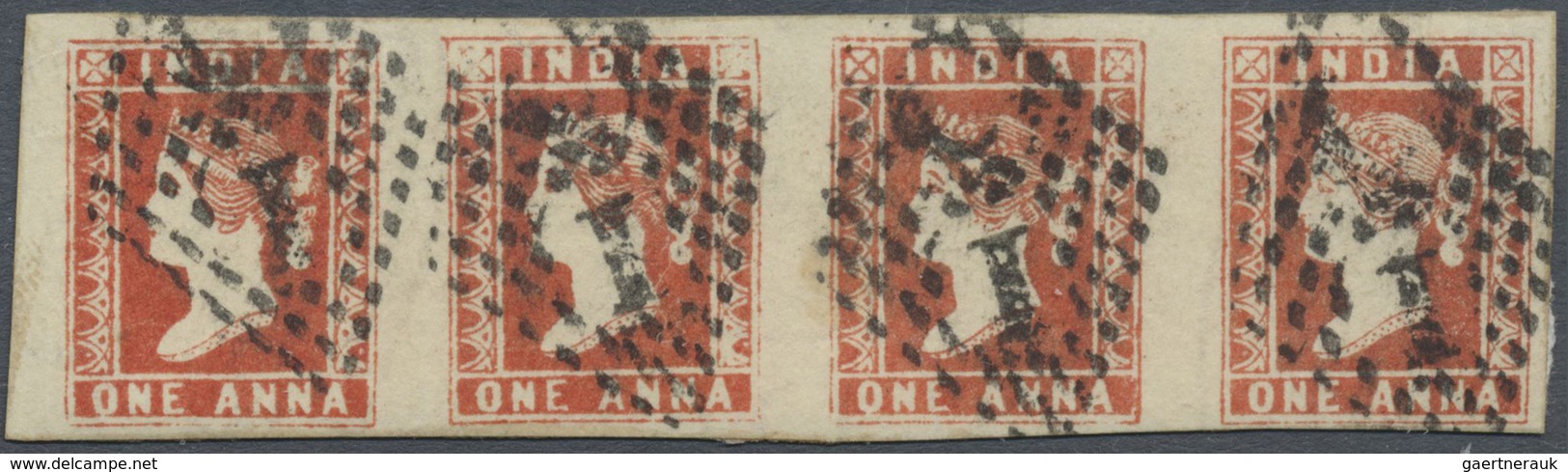 O Indien: 1854 Lithographed 1a. Red, Die I, Horizontal Strip Of Four, Used In Madras And Cancelled By - Other & Unclassified